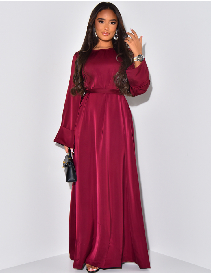 Satin abaya with rolled-up sleeves and tie fastening