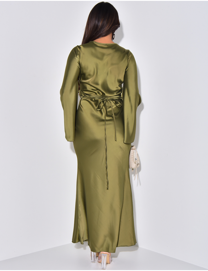   Satin maxi dress with back tie, flared sleeves