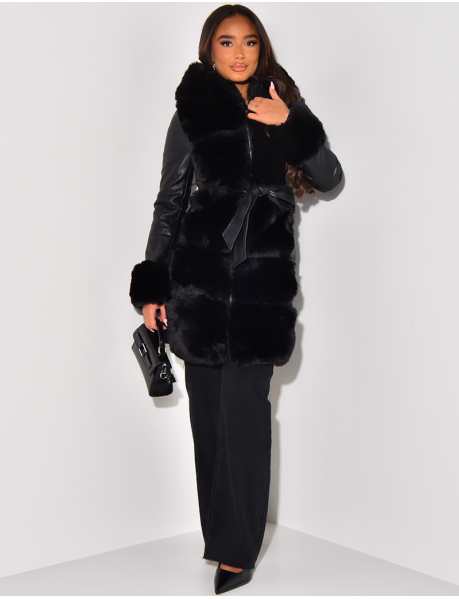   Faux leather coat with faux fur trim