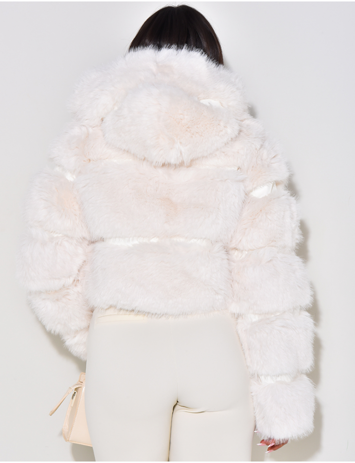 Short hooded jacket in premium faux fur