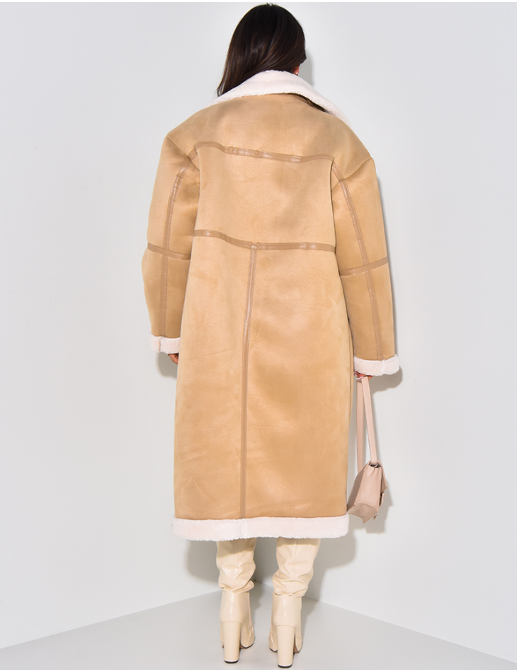 Long suedette aviator coat with sheepskin lining