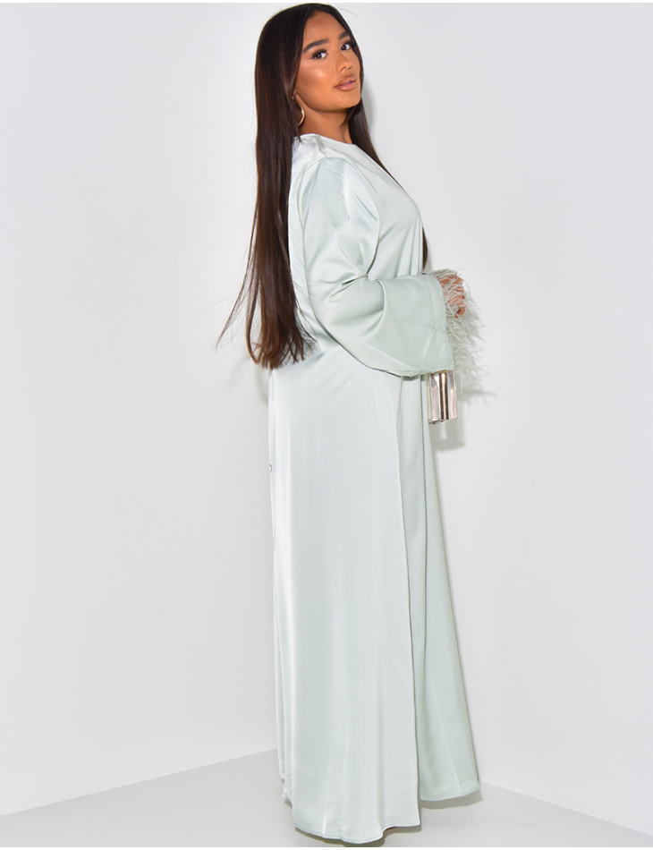 Satin abaya with small feathers on the sleeves