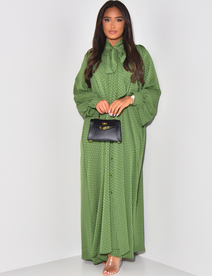 Robe abaya à motif damier ton sur ton à nouer au col