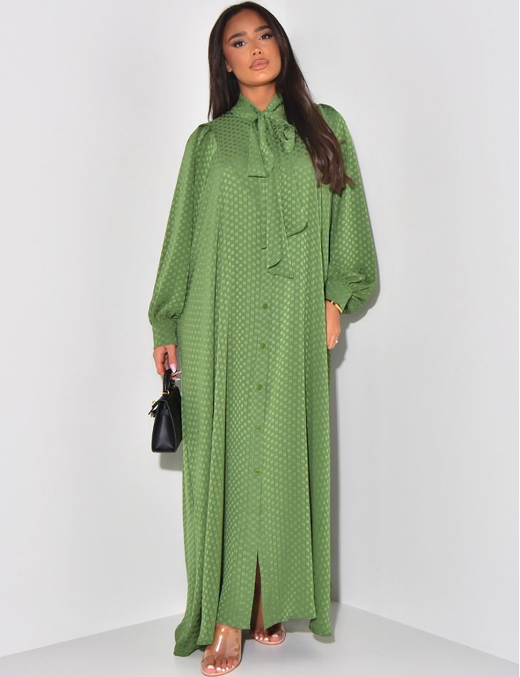 Robe abaya à motif damier ton sur ton à nouer au col