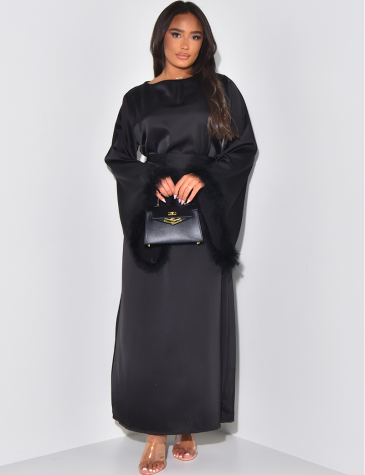 Satin abaya to tie with feathers on sleeves