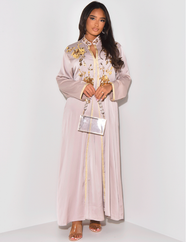 Abaya aus Satin mit gestickten & vergoldeten Pailletten.