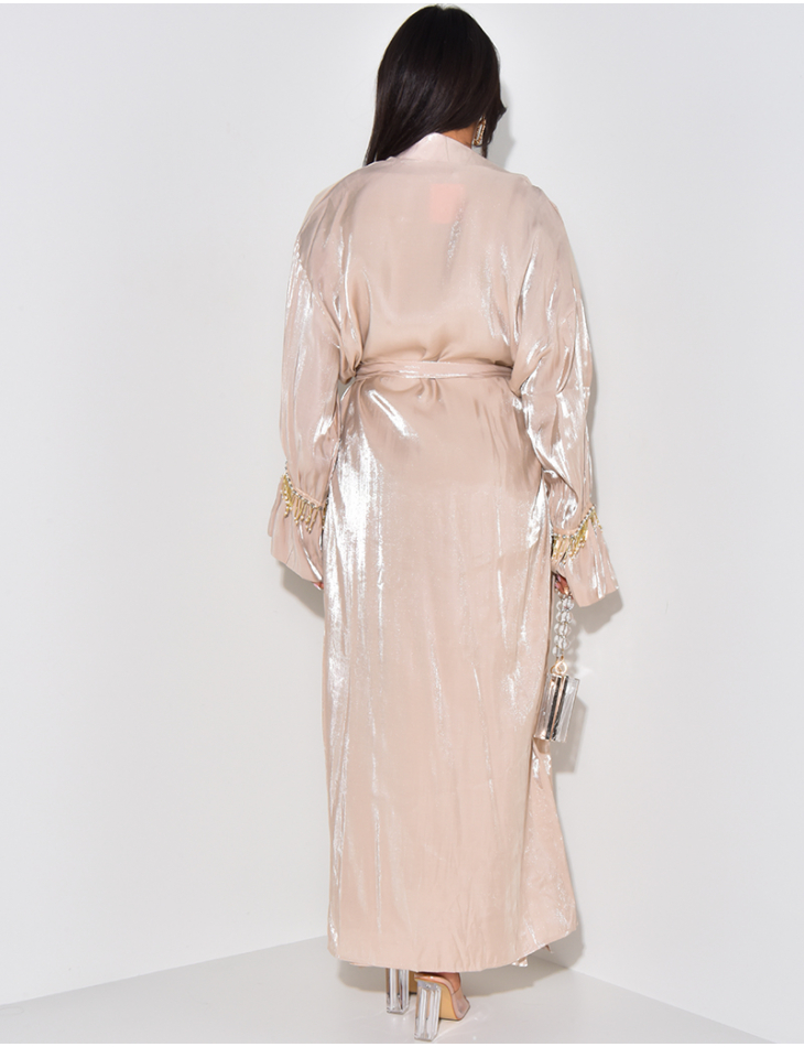 Dress and kimono set in iridescent satin with pearls and rhinestones on the sleeves