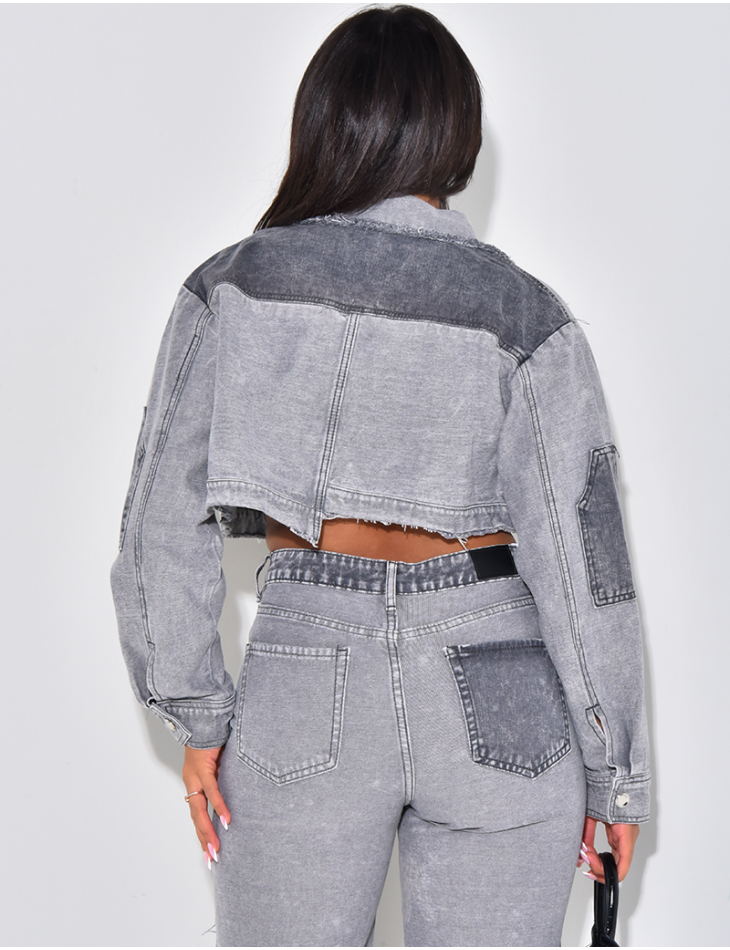Washed-effect denim cropped jacket with contrasting inserts