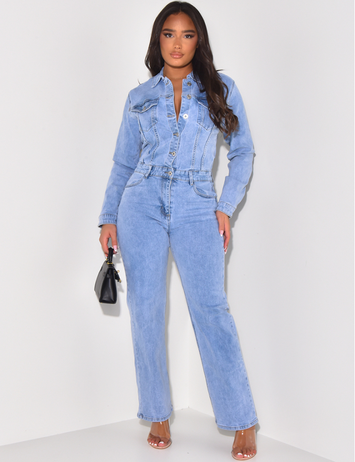 Straight-cut jumpsuit in faded stretchy jeans