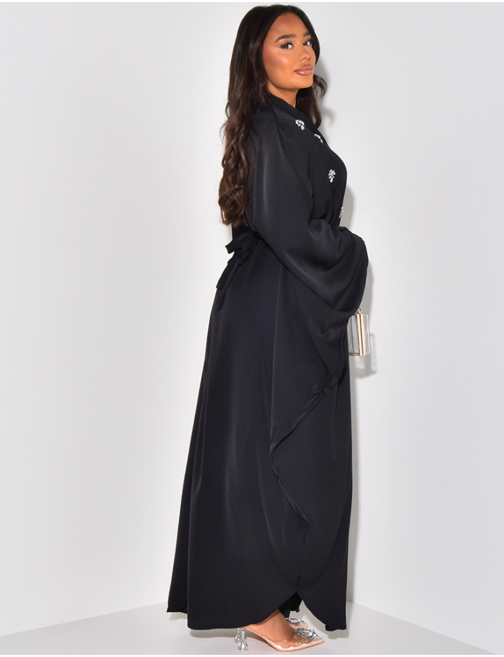 Self-tie fitted abaya dress with rhinestone flowers