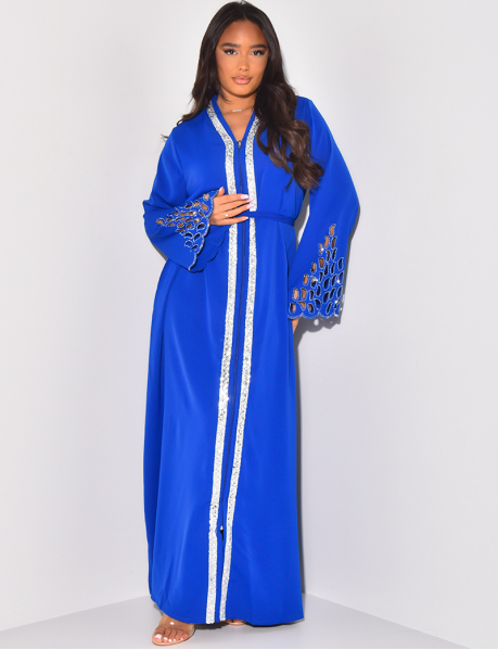 Openwork abaya dress with rhinestone sleeves