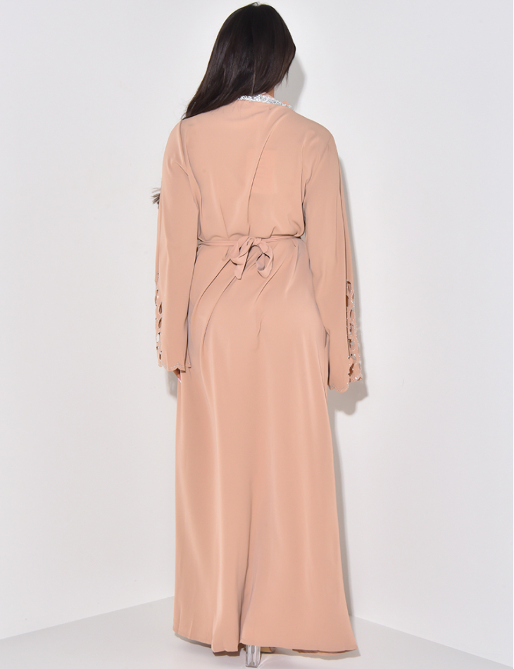 Openwork abaya dress with rhinestone sleeves