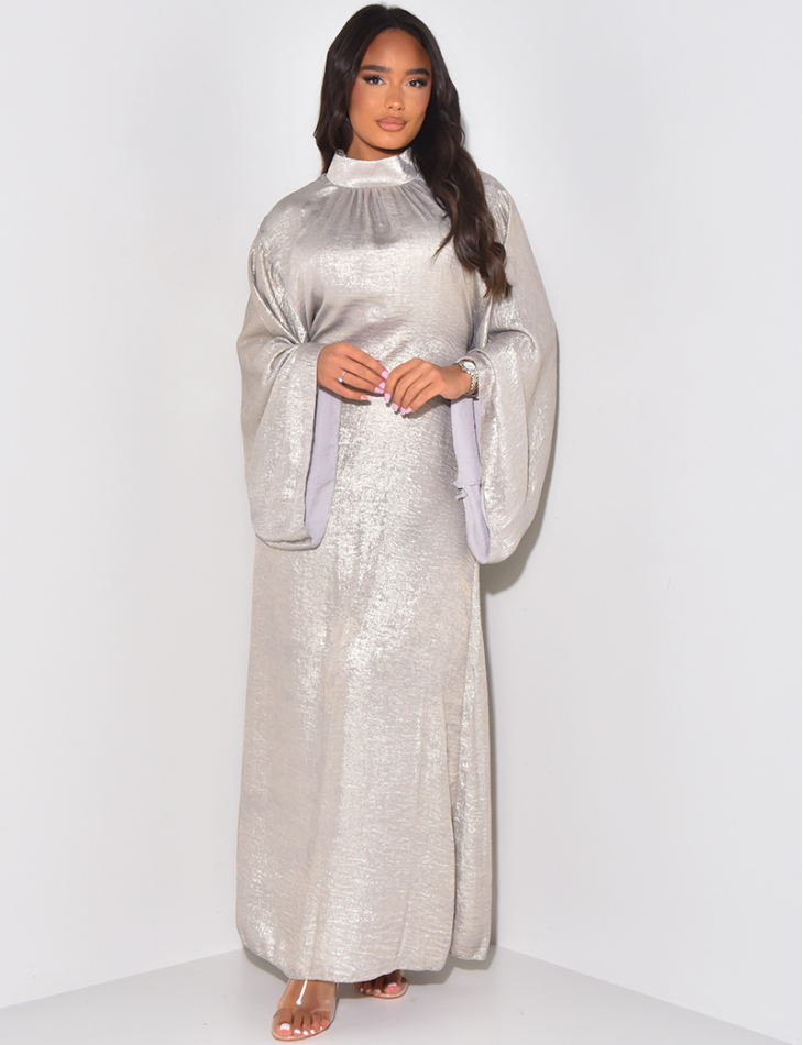 Abaya in metallic fabric with tie & flared sleeves