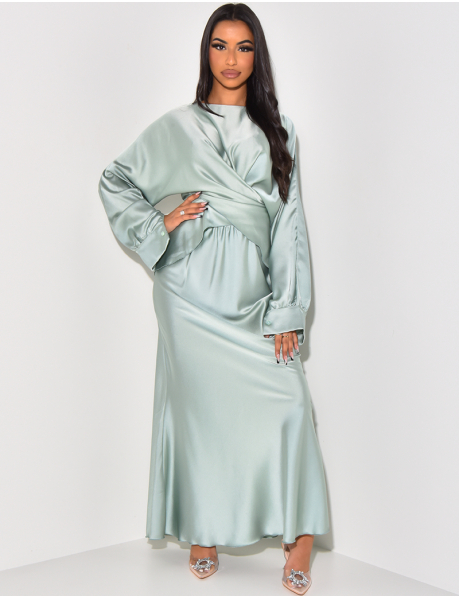 satin ensemble consisting of long skirt and wrap-around tunic