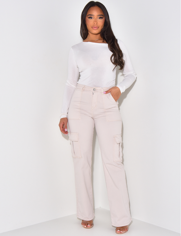 Slim-fit top with gathered asymmetric collar