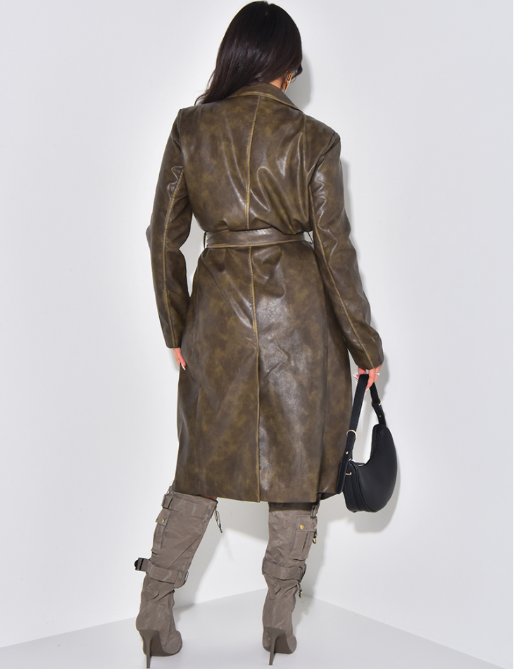 Mid-length trench coat in aged-effect vegan leather