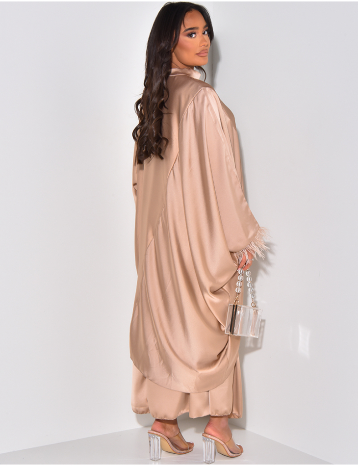 Satin set with tunic adorned with feathers and long skirt