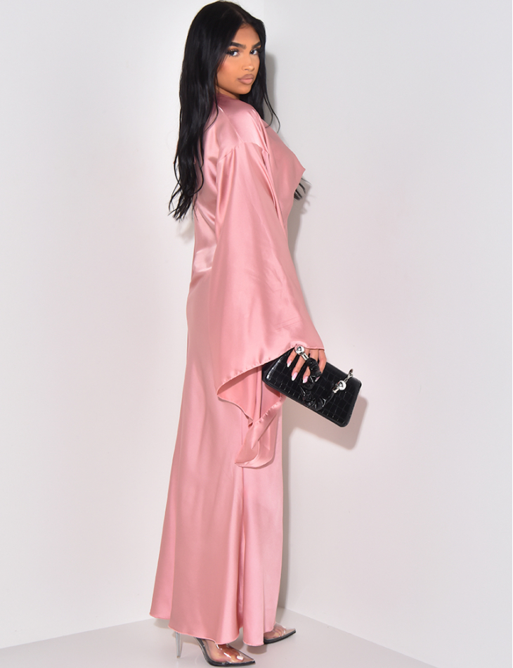 Satin maxi dress with draped collar and flared sleeves *can be worn in either direction