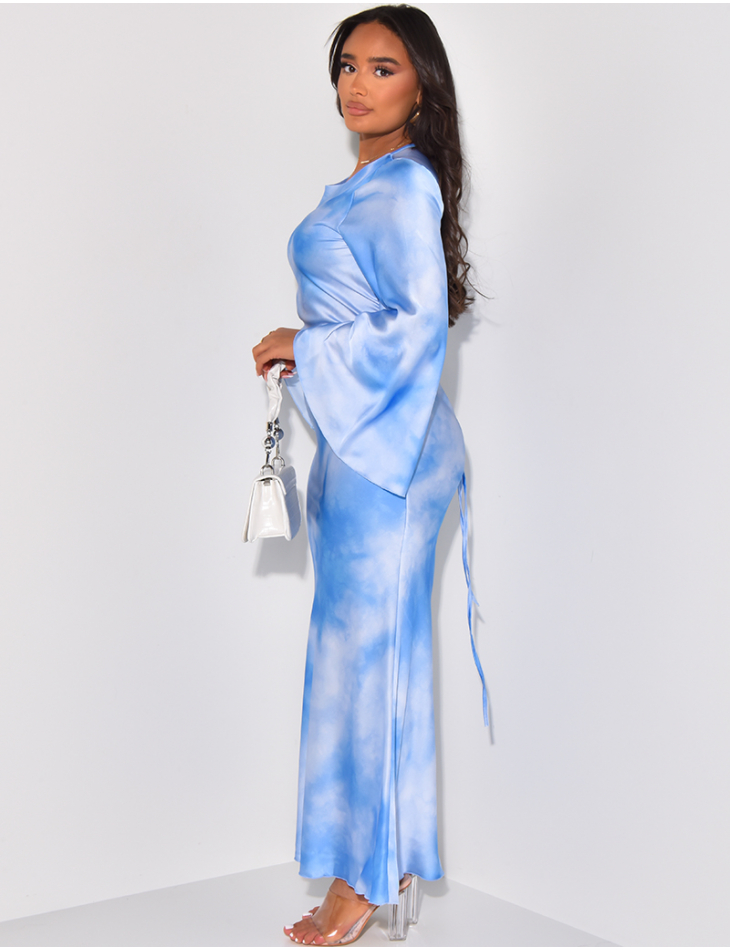 Tie and die satin maxi dress with flared sleeves