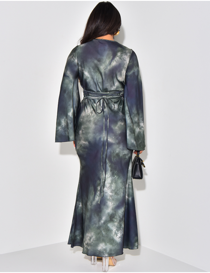Tie and die satin maxi dress with flared sleeves