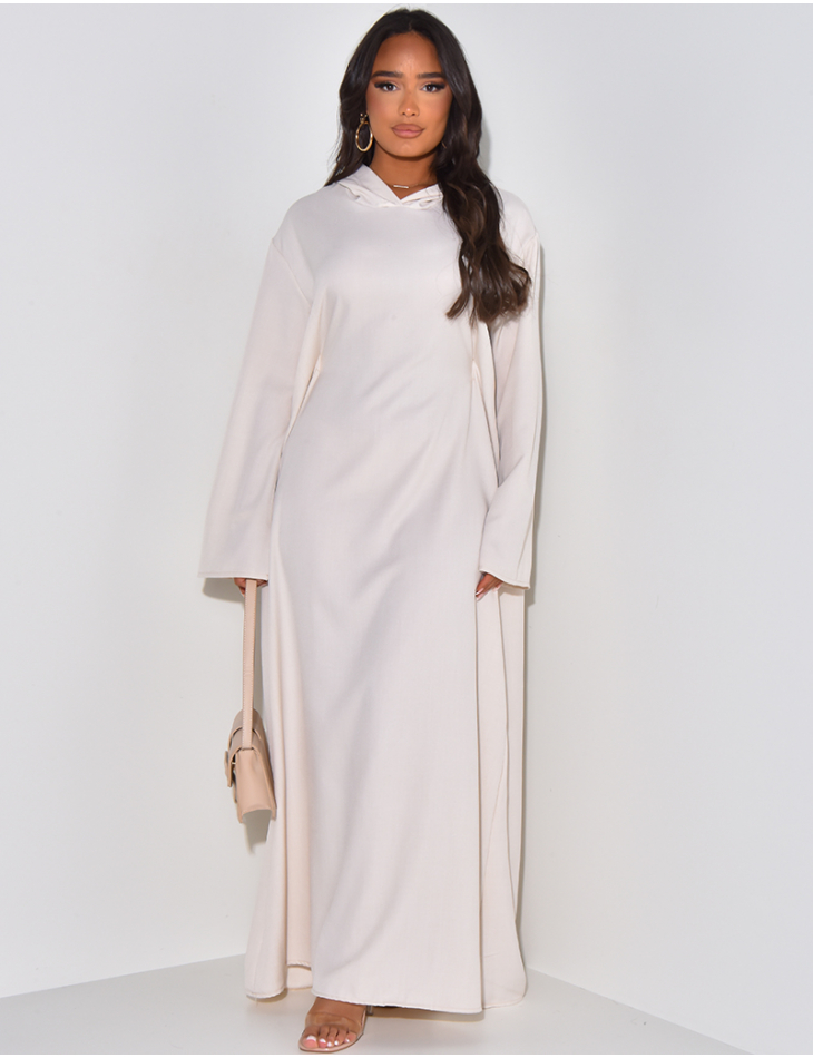 Adjustable linen-effect maxi dress with hood