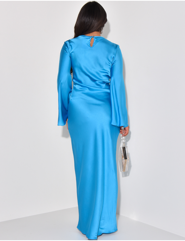 Satin maxi dress, cross-over effect on the front