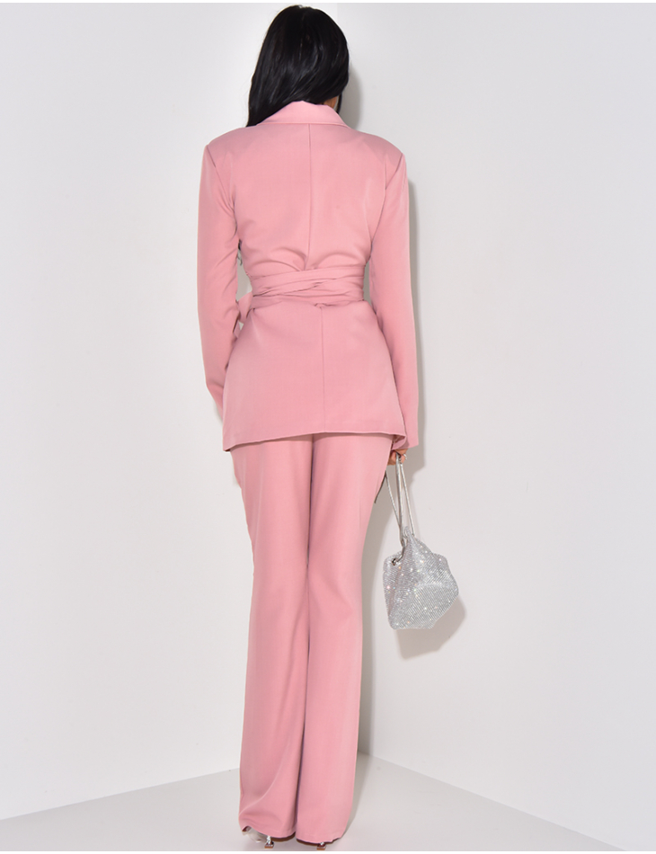 Suit with wide belt and linen-effect flared pants