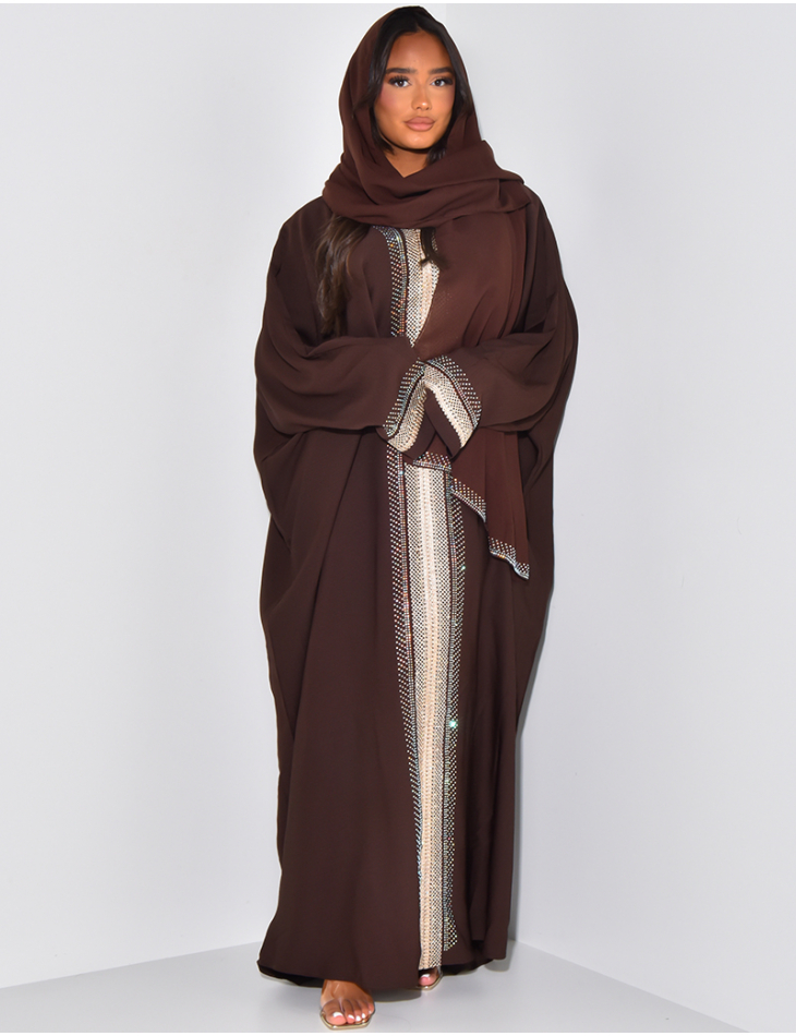 Abaya made in Dubai cintrée à strass & foulard assorti