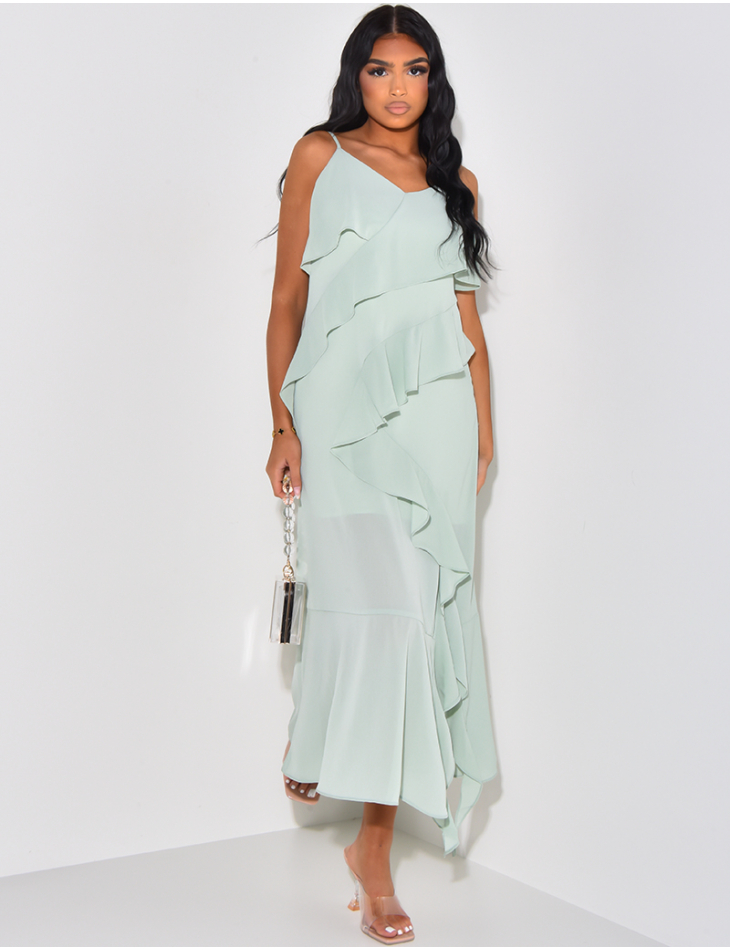 Fluid maxi dress with ruffles and thin straps