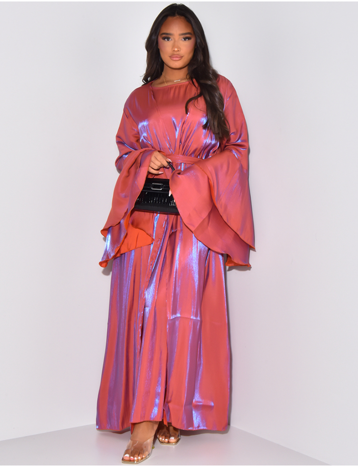 Dress and kimono set with ruffles on sleeves and belt
