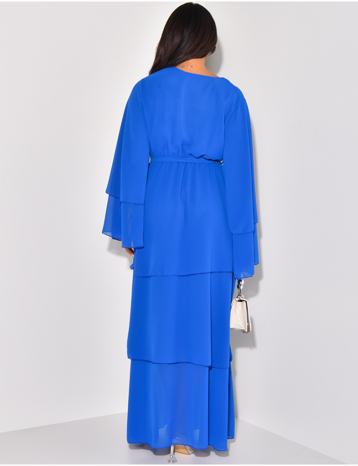Long dress in voile with ruffles and belt at waist