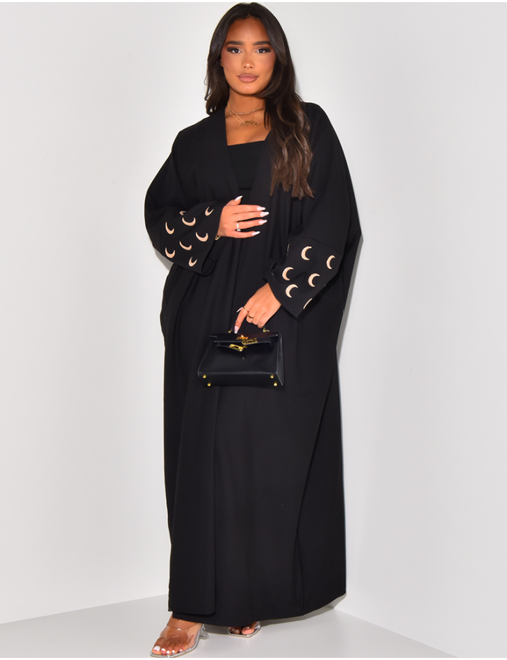 Linen-effect kimono with embroidered moon motif on sleeves