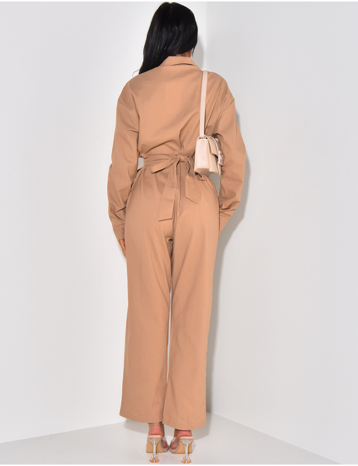 Linen jumpsuit with cargo pockets and waist belt