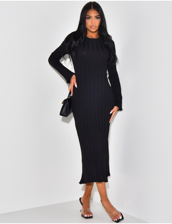 Rib knit flared maxi dress with contrasting trims