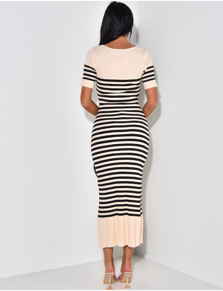 Ribbed striped maxi dress, short sleeves