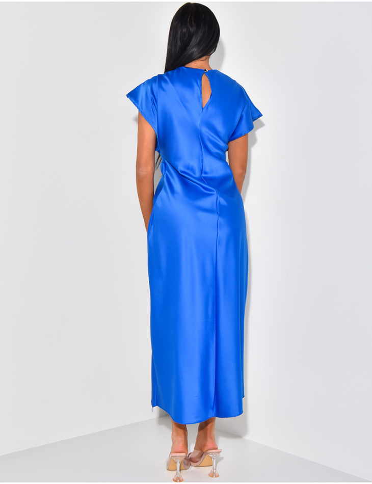Short-sleeved satin dress with twill effect
