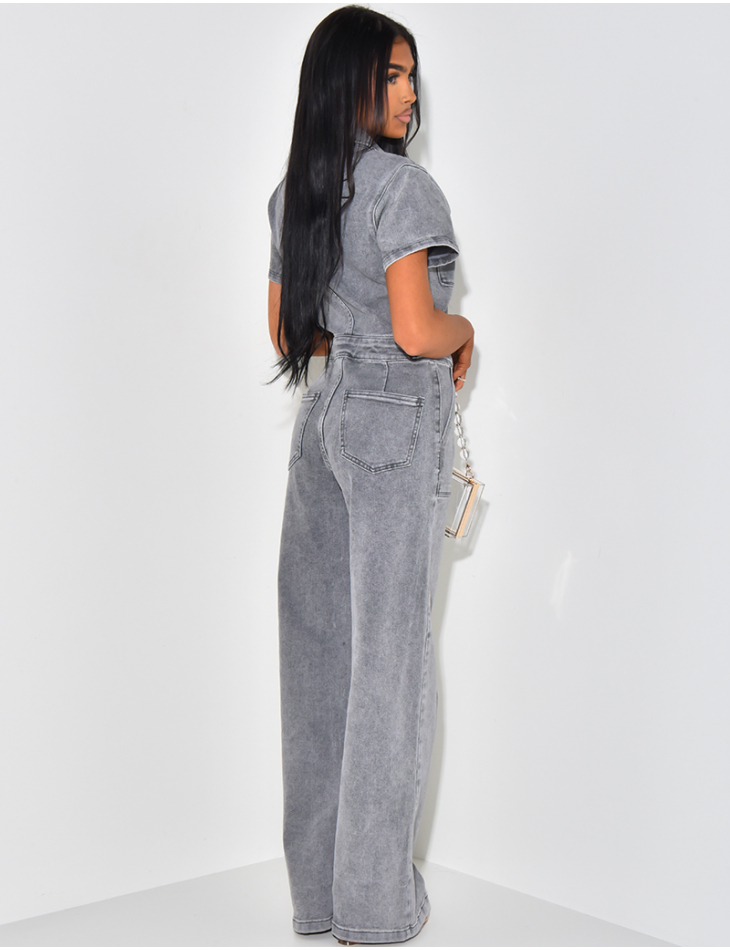 Denim jumpsuit with cinched waist and short sleeves