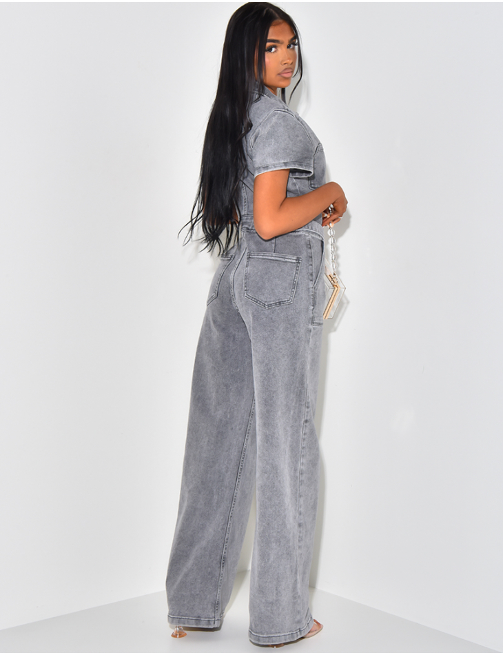 Denim jumpsuit with cinched waist and short sleeves