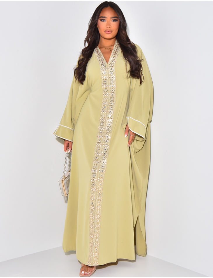 Loose-fitting abaya with embroidered gold ties