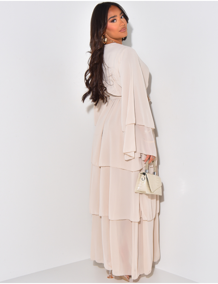 Long dress in voile with ruffles and belt at waist